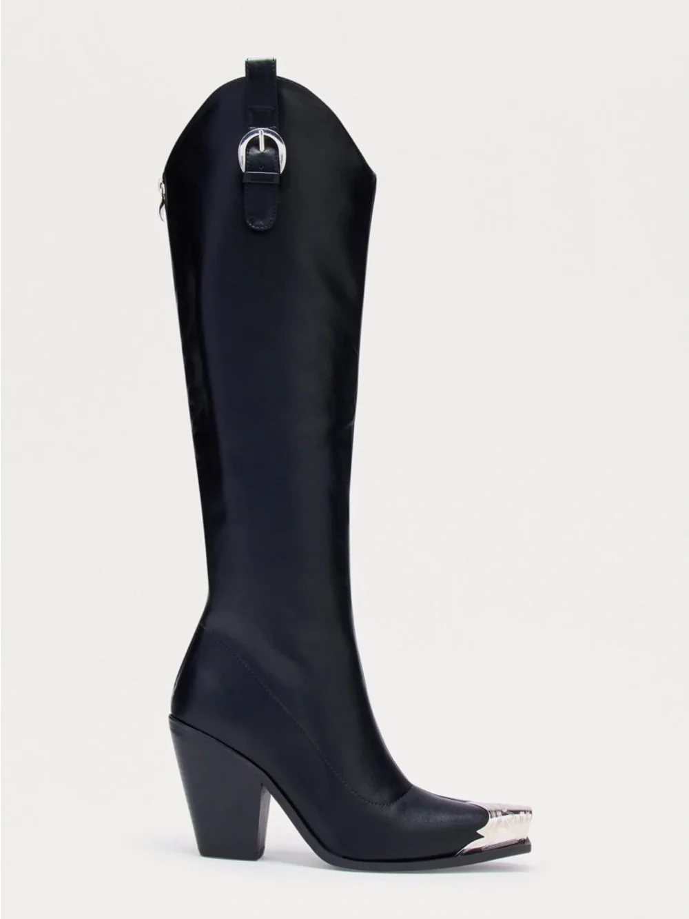 Fashion Nova Black Over-The-Knee Western Boots with Silver Toe